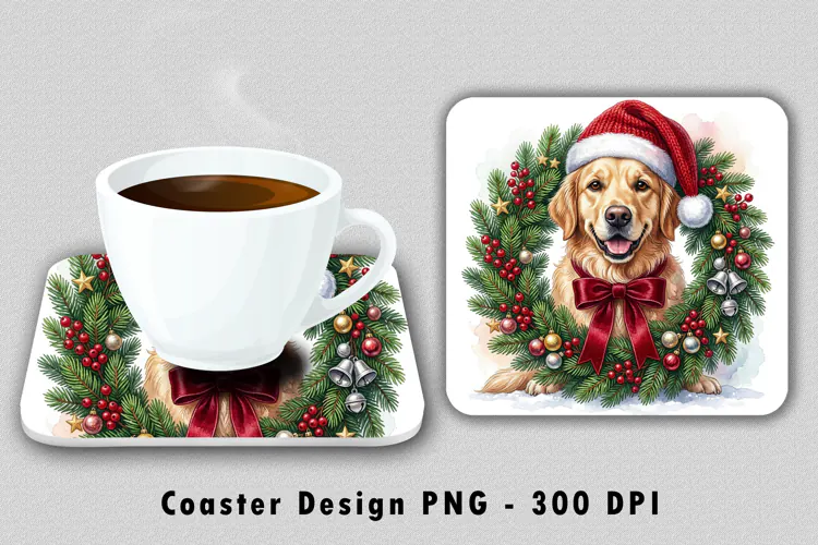 Christmas Golden Retriever Coaster Sublimation PNG 300 DPI
