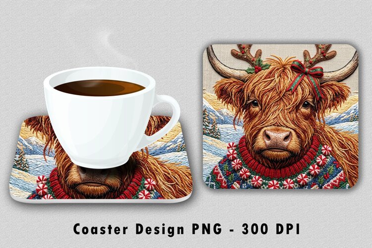Winter Highland Cow Coaster Sublimation PNG 300 DPI example image 1