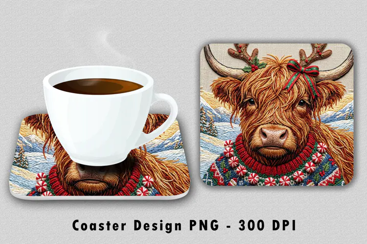 Winter Highland Cow Coaster Sublimation PNG 300 DPI