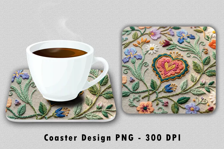 Embroidered Heart Coaster PNG Sublimation Art