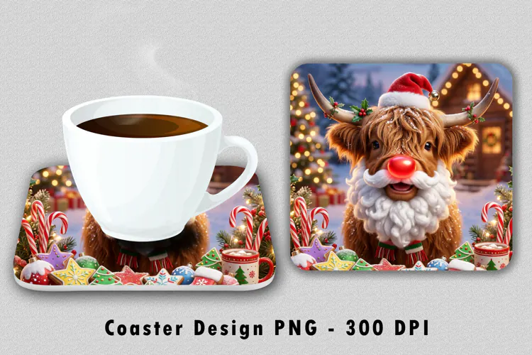 Santa Highland Cow Coaster Sublimation PNG 300 DPI