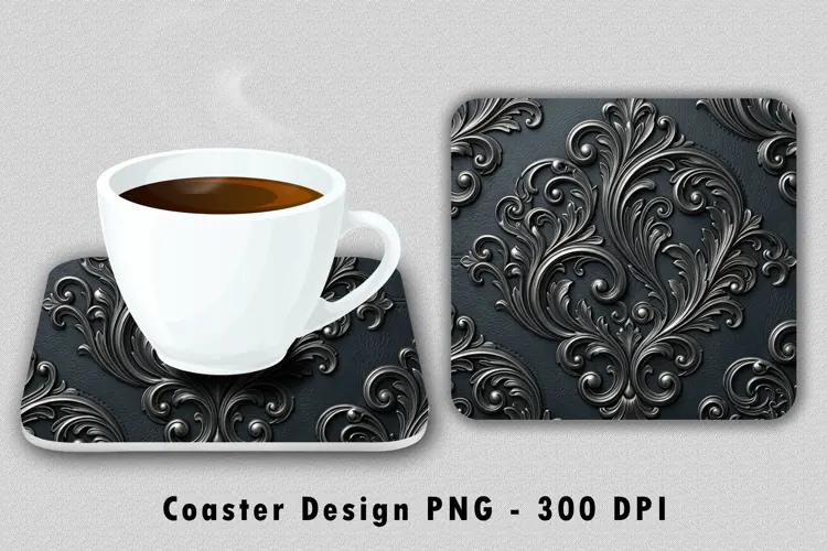 Silver Filigree Damask Coaster Sublimation PNG Design
