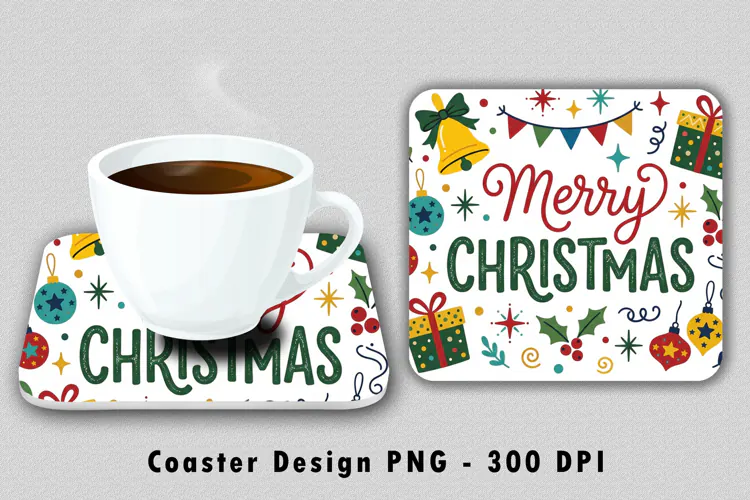Merry Christmas Typography Coaster Sublimation PNG 300 DPI