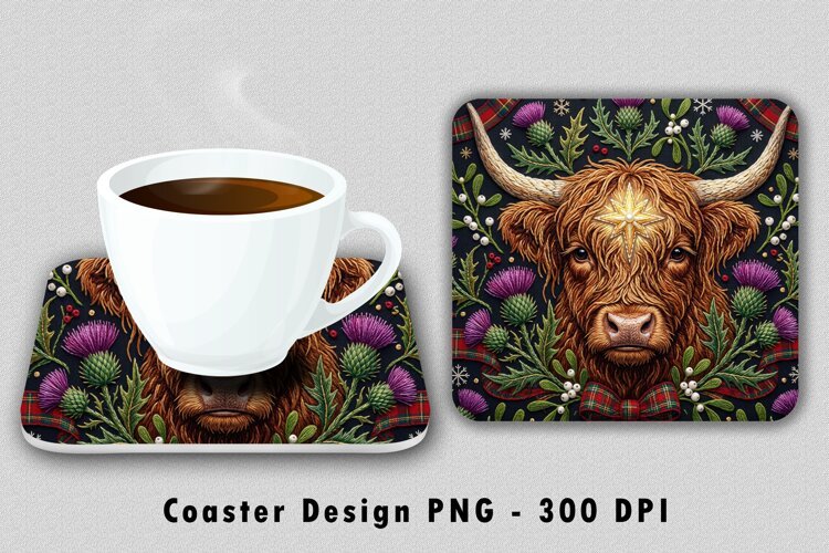 Highland Cow Coaster Sublimation PNG Design 300 DPI example image 1
