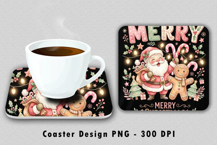 Santa And Gingerbread Coaster Sublimation PNG 300 DPI