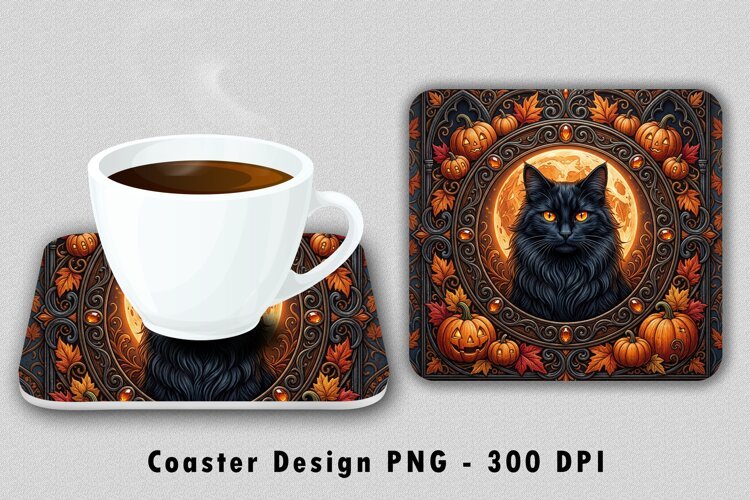 Gothic Black Cat Halloween Coaster Sublimation PNG example image 1