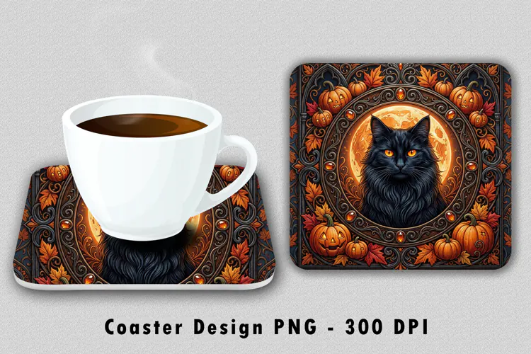Gothic Black Cat Halloween Coaster Sublimation PNG