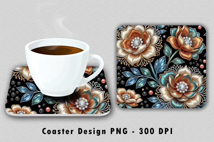 Floral Coaster PNG Jeweled Sublimation Art