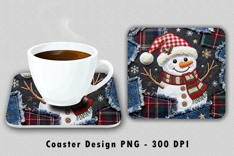 Embroidered Snowman Coaster Sublimation PNG 300 DPI