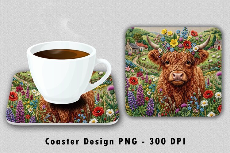 Floral Highland Cow Coaster Sublimation PNG 300 DPI example image 1