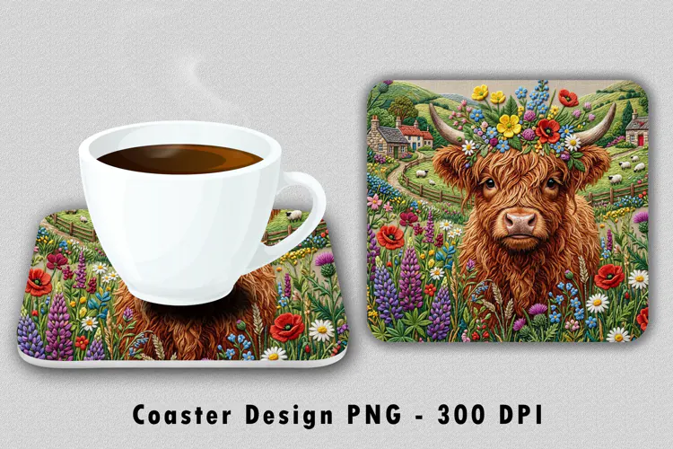 Floral Highland Cow Coaster Sublimation PNG 300 DPI