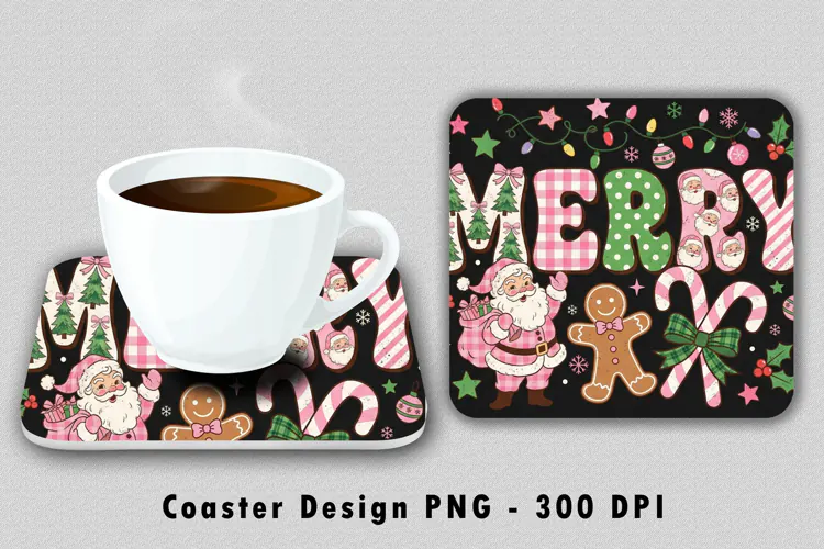 Pink Christmas Merry Coaster Sublimation PNG 300 DPI