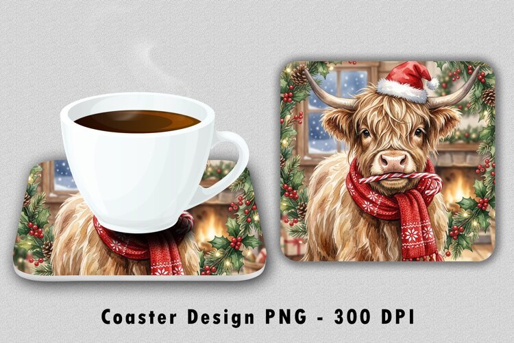 Christmas Highland Cow Coaster Sublimation PNG Design example image 1
