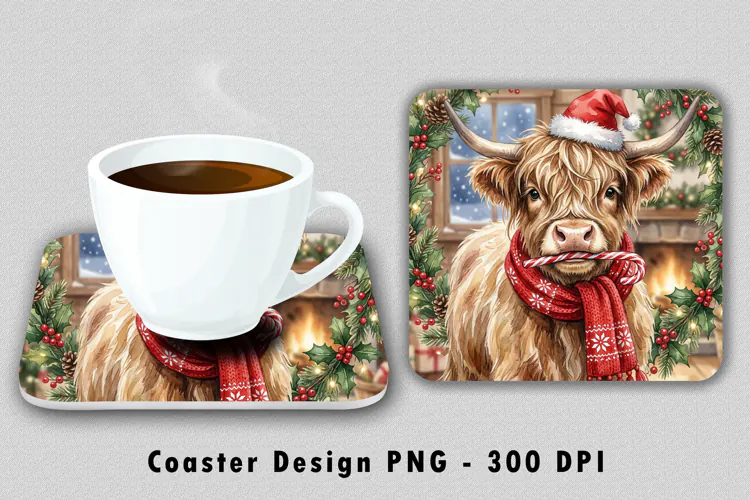 Christmas Highland Cow Coaster Sublimation PNG Design