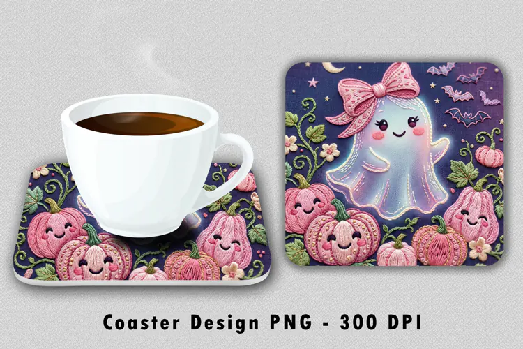 Pink Halloween Ghost Coaster PNG Cute Pumpkin Sublimation