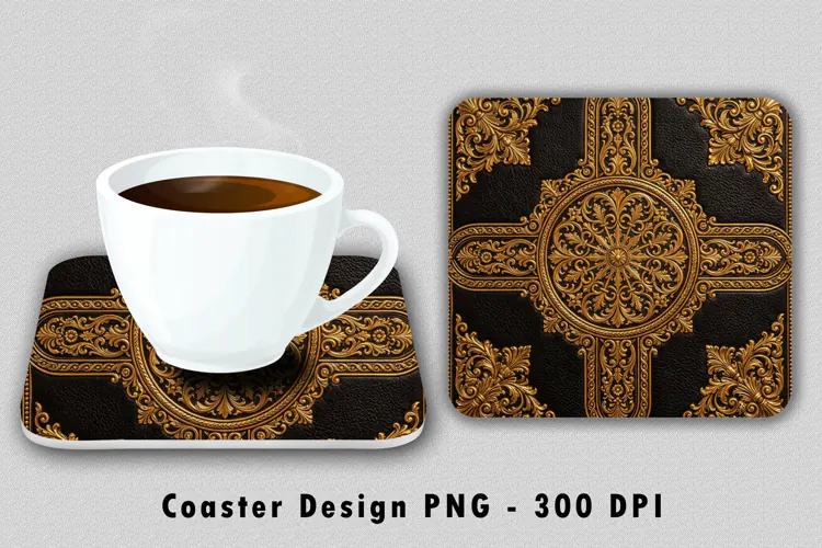 Gold Filigree Leather Coaster Sublimation PNG Design