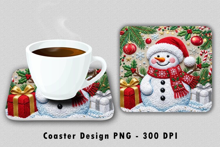 Embroidered Snowman Christmas Coaster Sublimation PNG example image 1