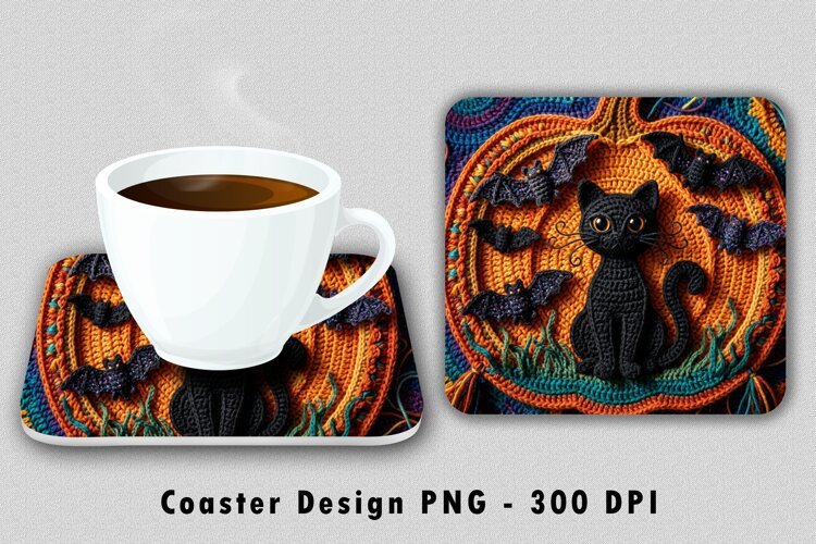 Crochet Black Cat Coaster PNG Halloween Pumpkin Sublimation example image 1