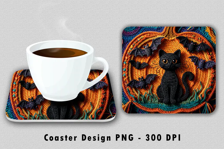 Crochet Black Cat Coaster PNG Halloween Pumpkin Sublimation