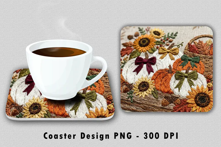 Embroidered Pumpkin Coaster PNG Sunflower Sublimation Design