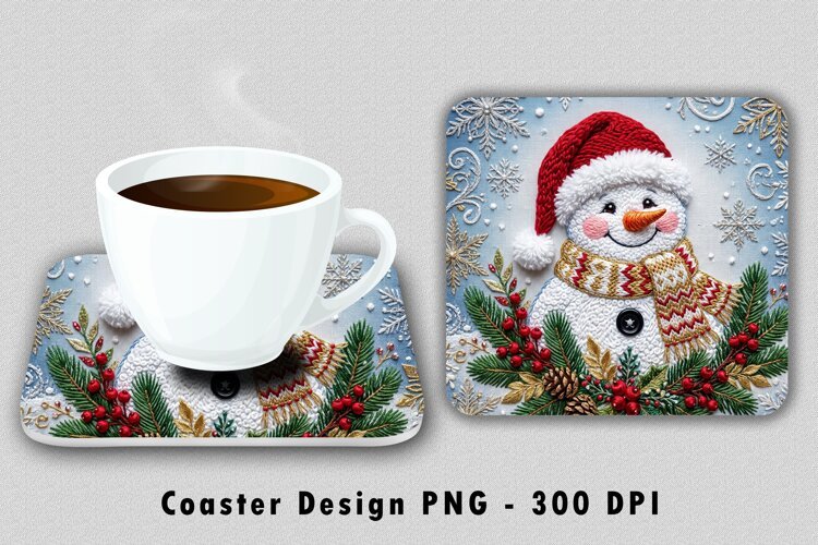 Embroidered Snowman Coaster Sublimation PNG Design example image 1