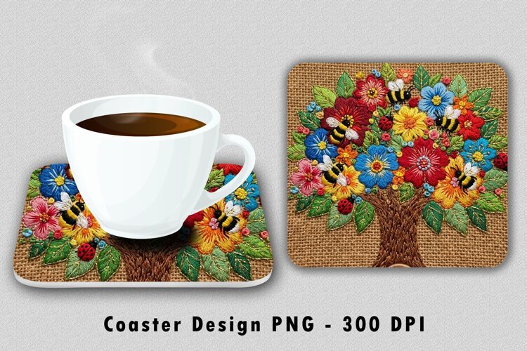 Embroidered Floral Tree Coaster PNG Sublimation Design example image 1