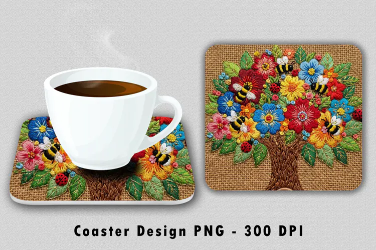 Embroidered Floral Tree Coaster PNG Sublimation Design