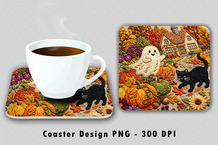 Embroidered Fall Ghost Coaster PNG Black Cat Sublimation
