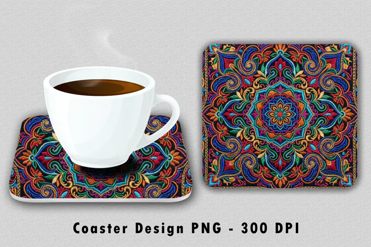 Embroidered Mandala Coaster Sublimation PNG Design
