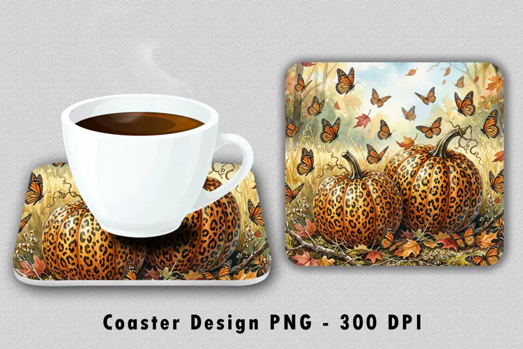 Leopard Print Pumpkin Coaster PNG Monarch Butterfly Fall Des