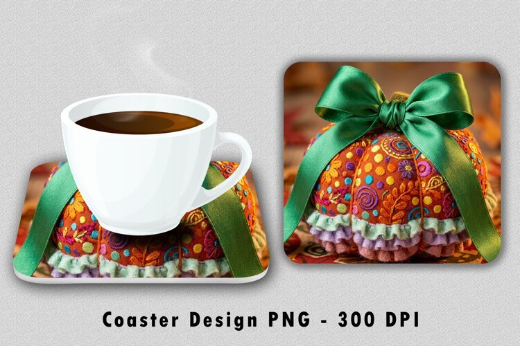 Colorful Pumpkin Coaster PNG Fall Embroidered Ribbon Design example image 1