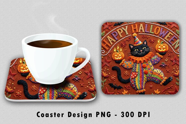 Happy Halloween Black Cat Coaster PNG Jester Sublimation Des example image 1