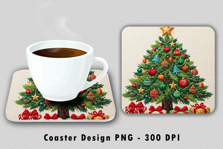 Embroidered Christmas Tree Coaster PNG Sublimation Design example image 1