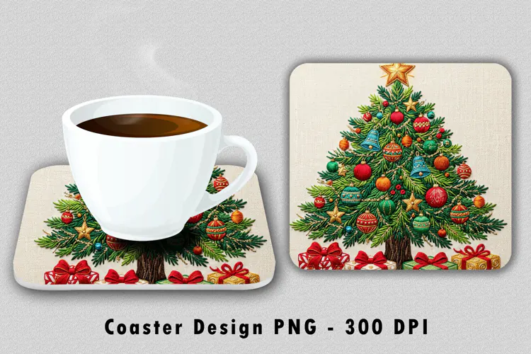 Embroidered Christmas Tree Coaster PNG Sublimation Design