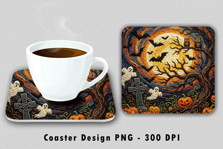Embroidered Halloween Graveyard Coaster Sublimation PNG