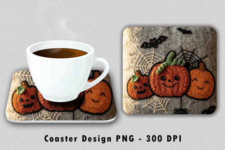 Crochet Pumpkin Spiderweb Coaster PNG Sublimation Design