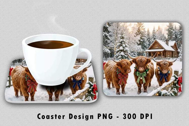 Winter Highland Cows Coaster Sublimation PNG 300 DPI