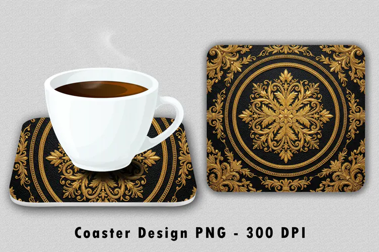 Gold Mandala Coaster Sublimation PNG Design