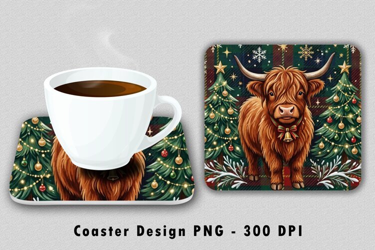 Christmas Highland Cow Coaster Sublimation PNG 300 DPI example image 1
