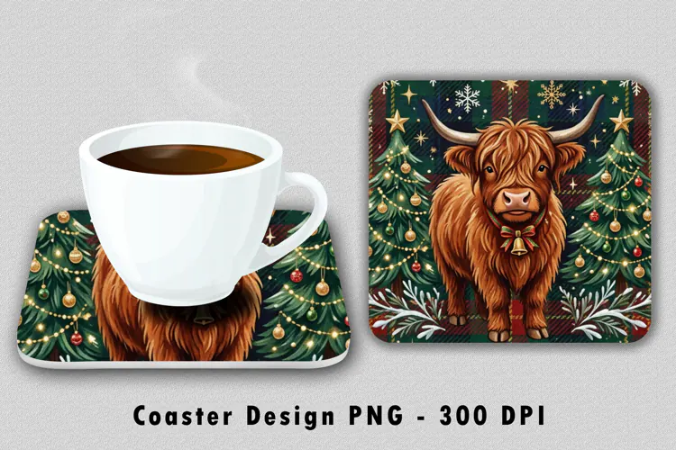 Christmas Highland Cow Coaster Sublimation PNG 300 DPI