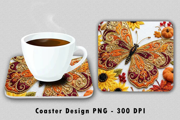 Embroidered Fall Butterfly Coaster PNG Autumn Sublimation