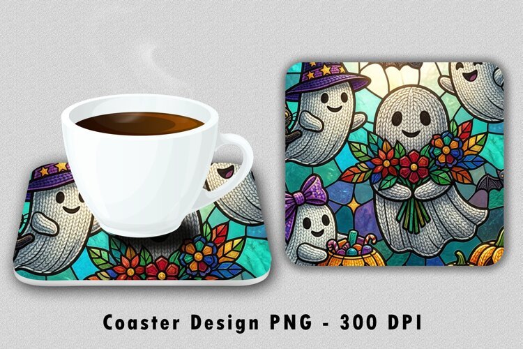 Stained Glass Ghost Coaster PNG Halloween Sublimation Design example image 1