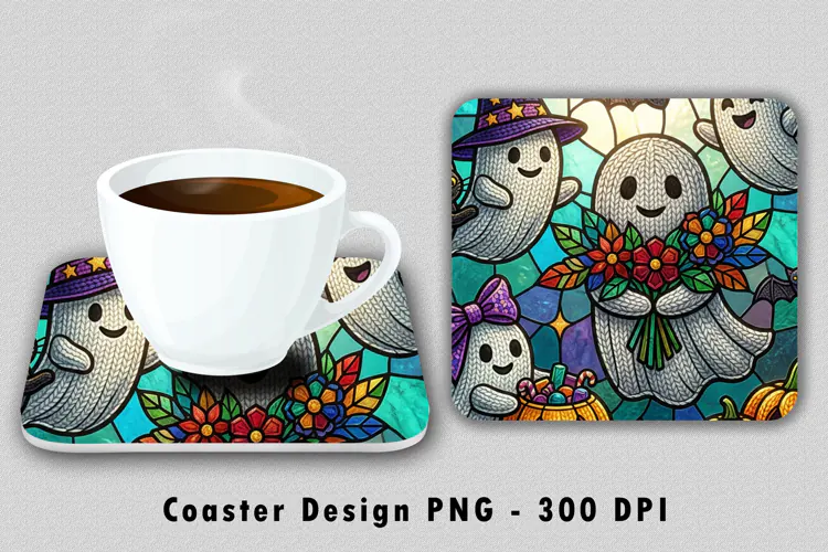 Stained Glass Ghost Coaster PNG Halloween Sublimation Design