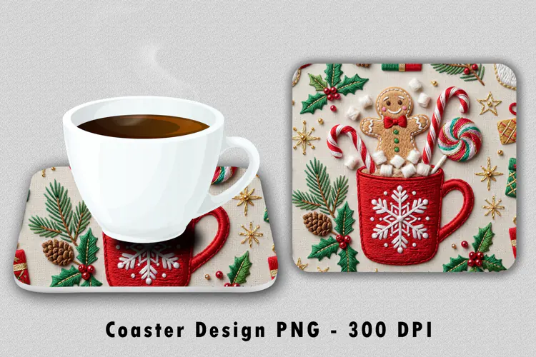 Embroidered Christmas Coaster PNG Sublimation Art