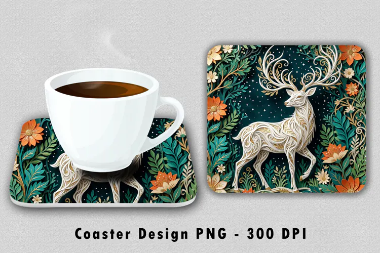 White Deer Coaster PNG Forest Sublimation Art