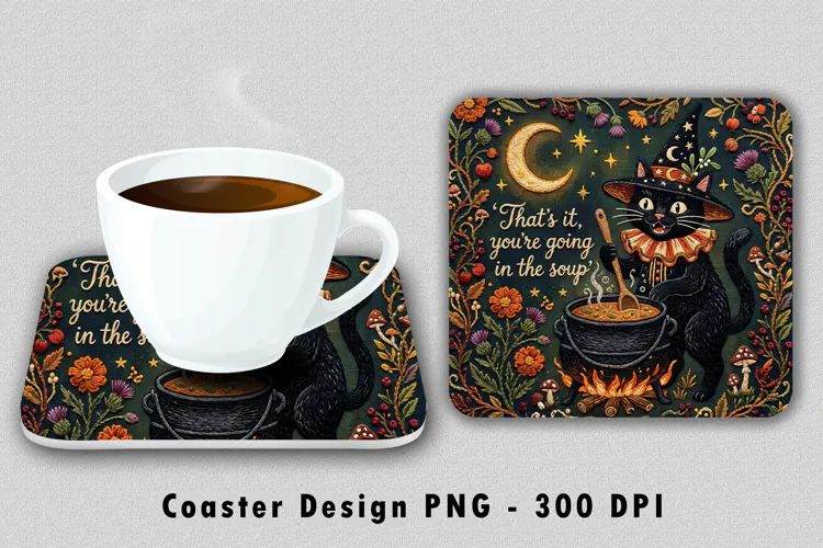 Black Cat Soup Coaster PNG Halloween Witch Sublimation Desig