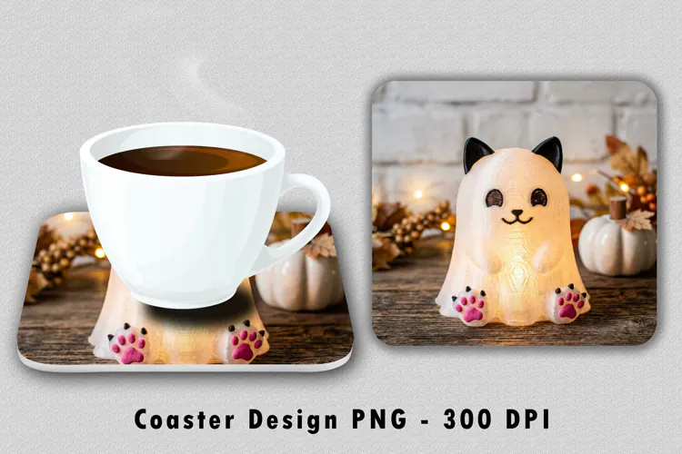 Ghost Cat Coaster PNG Halloween Drinkware Sublimation Design