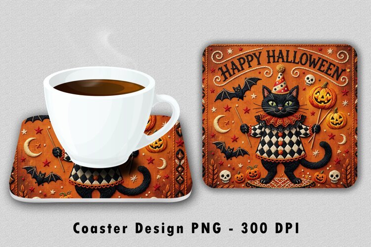 Vintage Halloween Black Cat Coaster PNG Sublimation Design example image 1