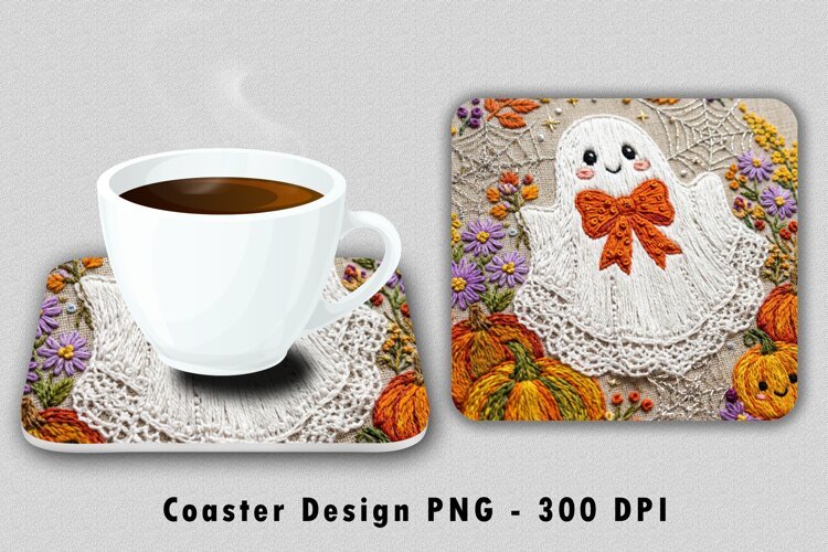 Embroidered Ghost Coaster PNG Bow Halloween Sublimation Desi example image 1