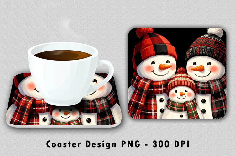 Snowman Family Christmas Coaster Sublimation PNG Design